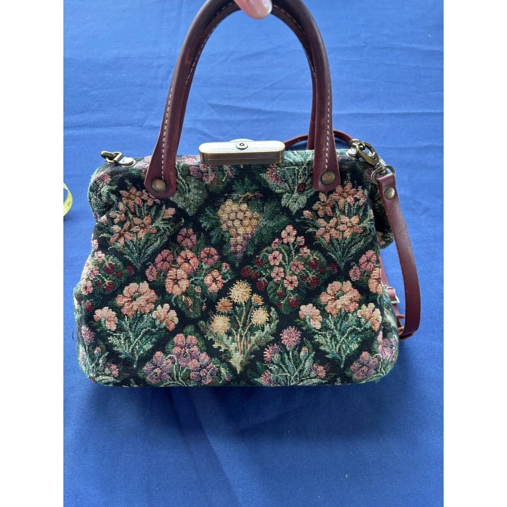 The Carpetbagger Floral Tapestry Doctor Bag Leather Handle Crossbody Handbag